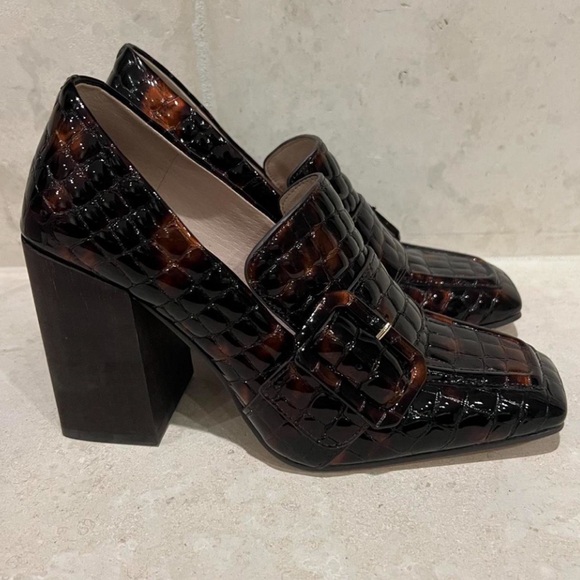 Louise et Cie Ovidio Croc-Embossed Leather Block Heel Loafers Brown Size 7 - Picture 6 of 8